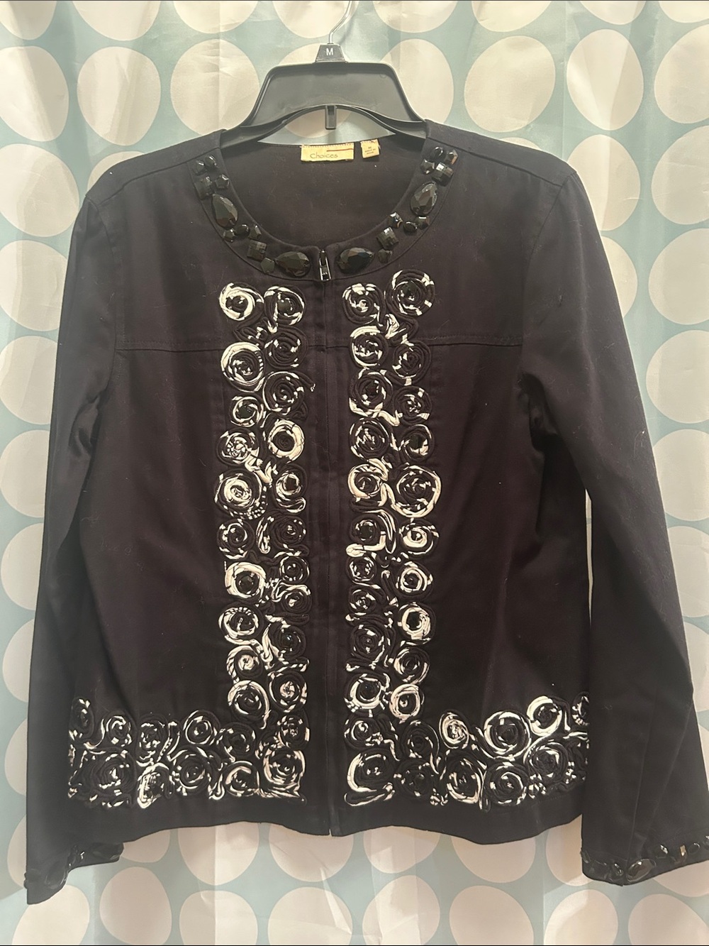 Black Jacket with White Floral Print and Beaded Neckline